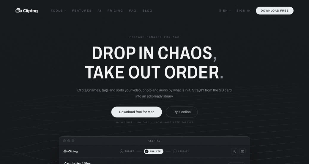 Startseite von Cliptag, einer macOS-App für Videomaterial