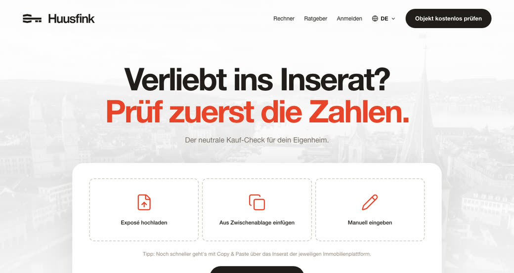 Startseite von Huusfink, einem AI-Kaufassistenten für Immobilien